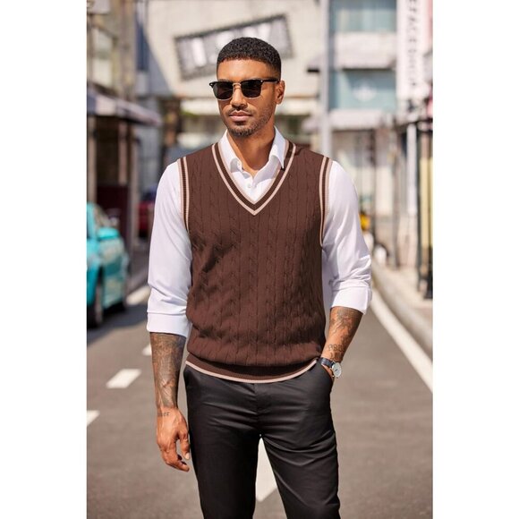 Coofandy Men Brown Fitted V Neck Sleeveless Knitted Pullovers Sweater Vest - Picture 2 of 4